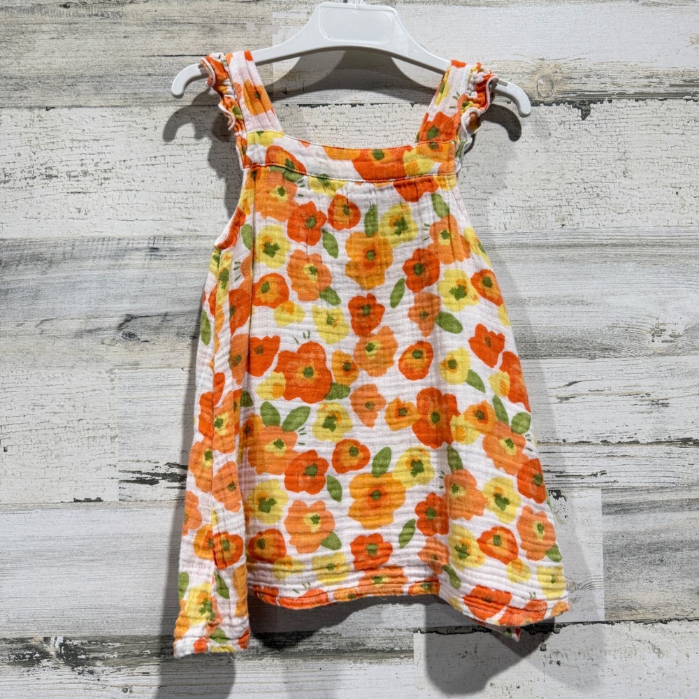 Angel Dear Dress Girls 12-18M Orange Floral Muslin Ruffle Cottagecore EUC